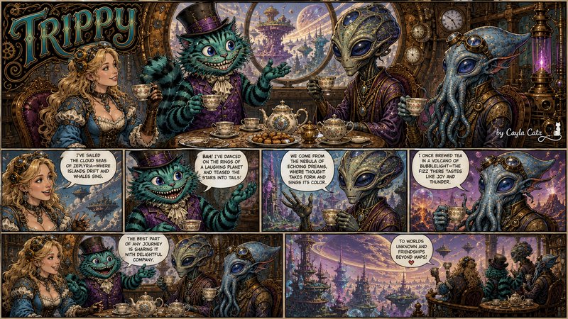 Steampunk sci-fi comic page showing a whimsical interspecies tea party with fantasy characters ab...