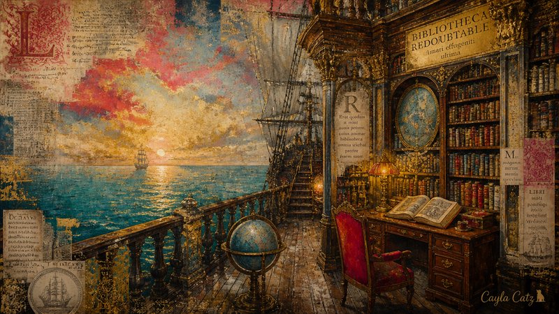 Surreal fantasy art merging an ornate antique library with a tall ship deck overlooking a vibrant...
