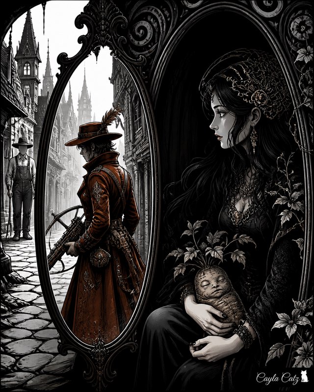 Gothic fantasy illustration: Woman holds a mandrake beside an ornate mirror reflecting a steampun...