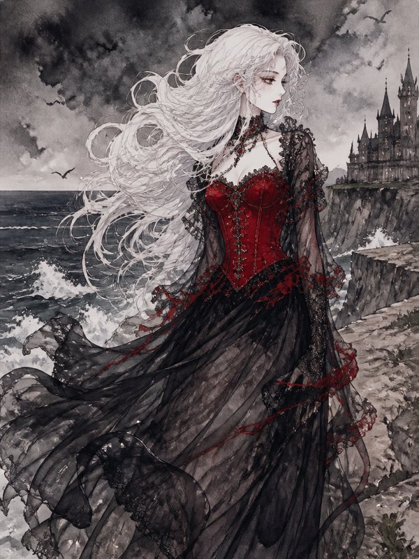 [Watercolor gothic woman with flowing white hair in red corset black gown stands on stormy cliff beside a seaside gothic c...