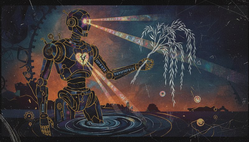 [Stylized robot with cracked glowing heart holds willow branch, rune energy beams emanate as it stands in rippling dark wa...