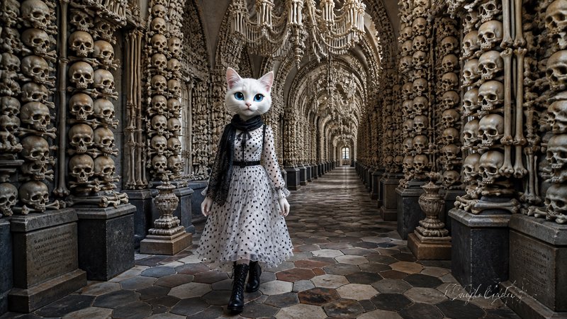 Anthropomorphic white cat character stands in an ornate vaulted corridor lined with stacked skull...