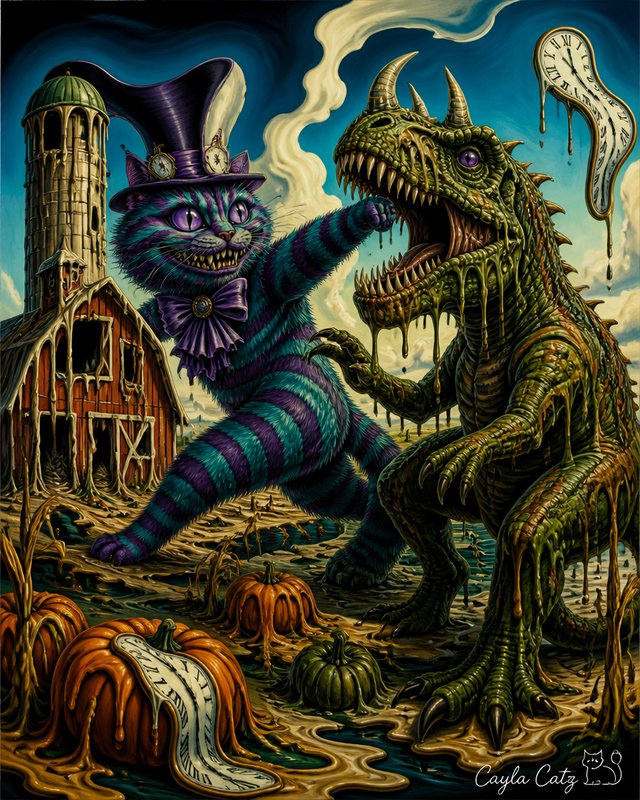 Surreal fantasy artwork of a top-hat wearing striped Cheshire Cat punching a slime-covered T-Rex ...
