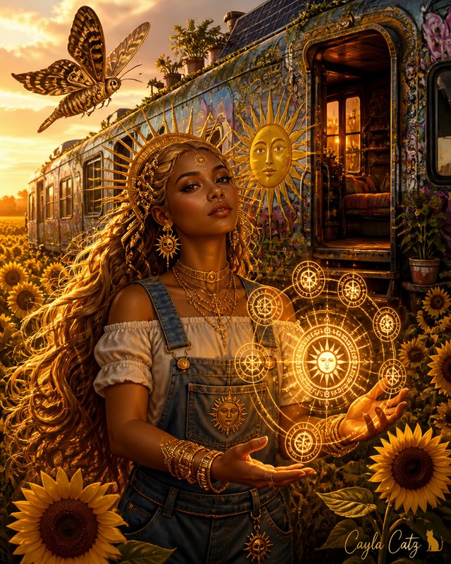 Sun goddess with golden headdress holds glowing celestial sigils in a sunflower field beside a de...