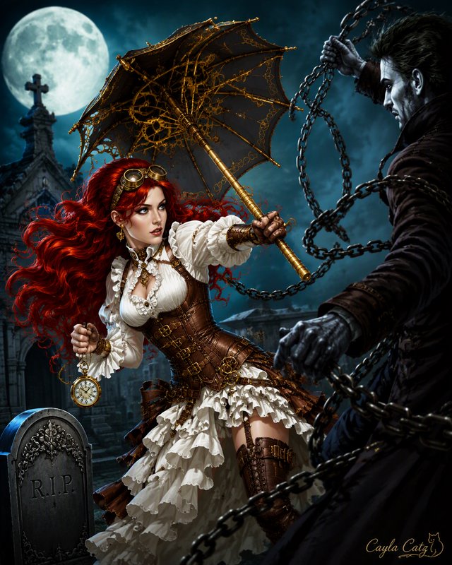 Red-haired steampunk woman with mechanical brass umbrella confronts chained undead foe in a moonl...