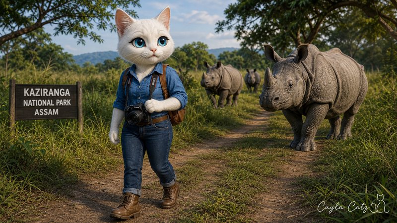 Anthropomorphic white cat wildlife photographer walking a Kaziranga National Park trail alongside one-horned Indian rhinos