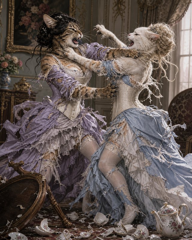 Two snarling anthropomorphic cat women in torn rococo gowns fight amid broken teaware in a lavish gilded salon