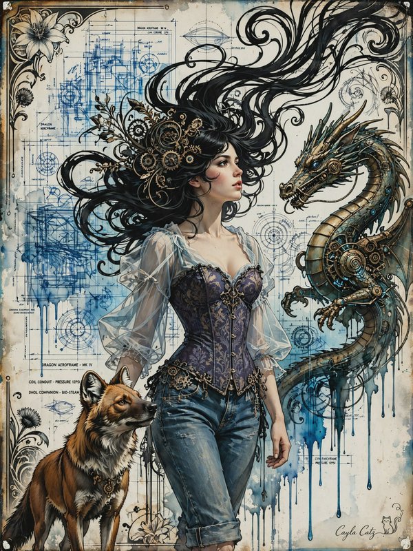Steampunk woman with brass gear hair accessories stands beside a mechanical dragon and fox companion on vintage