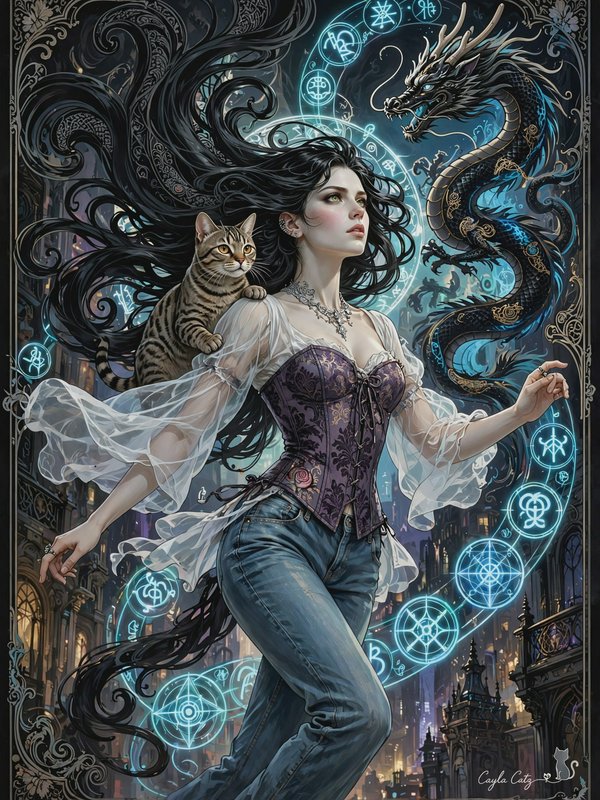 Fantasy illustration of a modern witch with tabby cat familiar, black eastern dragon, glowing blue magic runes over a