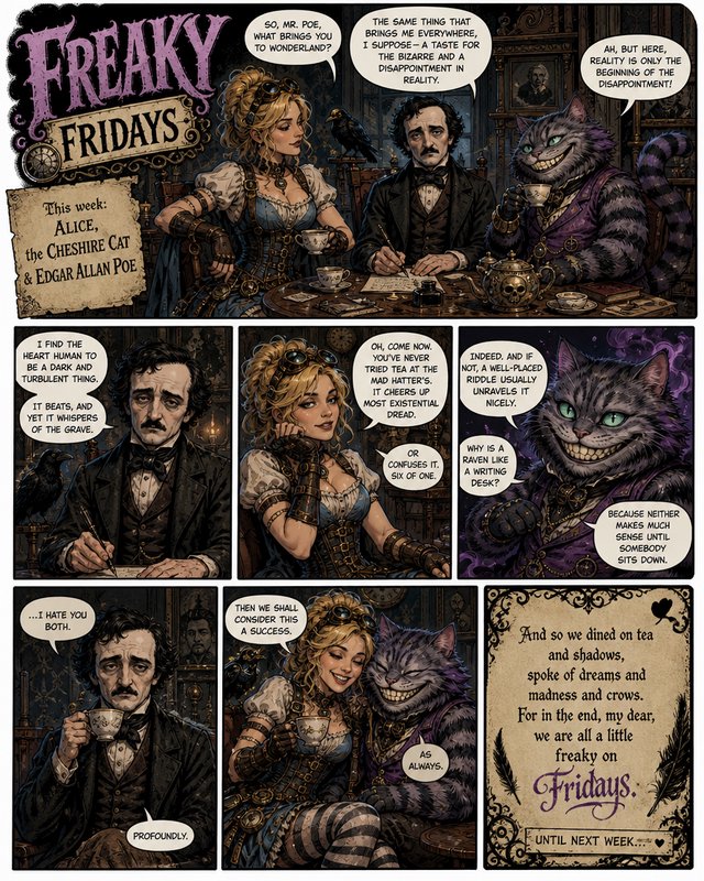 Steampunk Freaky Fridays comic strip of Alice, Cheshire Cat, and Edgar Allan Poe sharing a surrea...