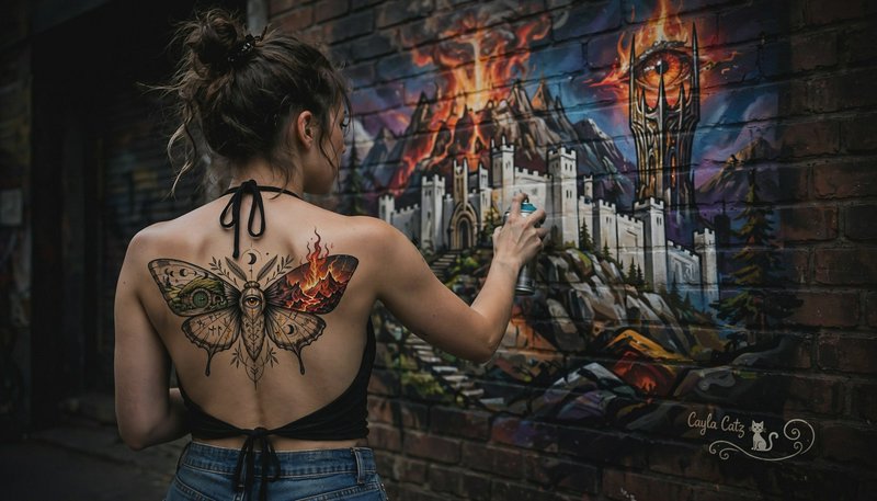 Back view of tattooed female street artist spray painting a fantasy Lord of the Rings mural on a ...