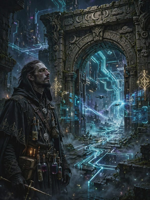 Cyberpunk alchemist with potion vials stands before an ancient rune-carved gate overlooking a neo...