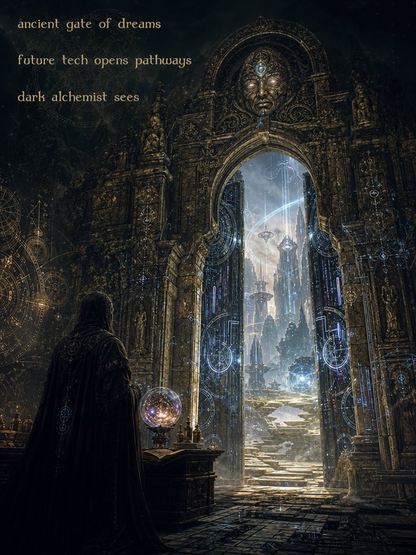 Robed dark alchemist stands before an ornate glowing ancient portal revealing a futuristic sci-fi...