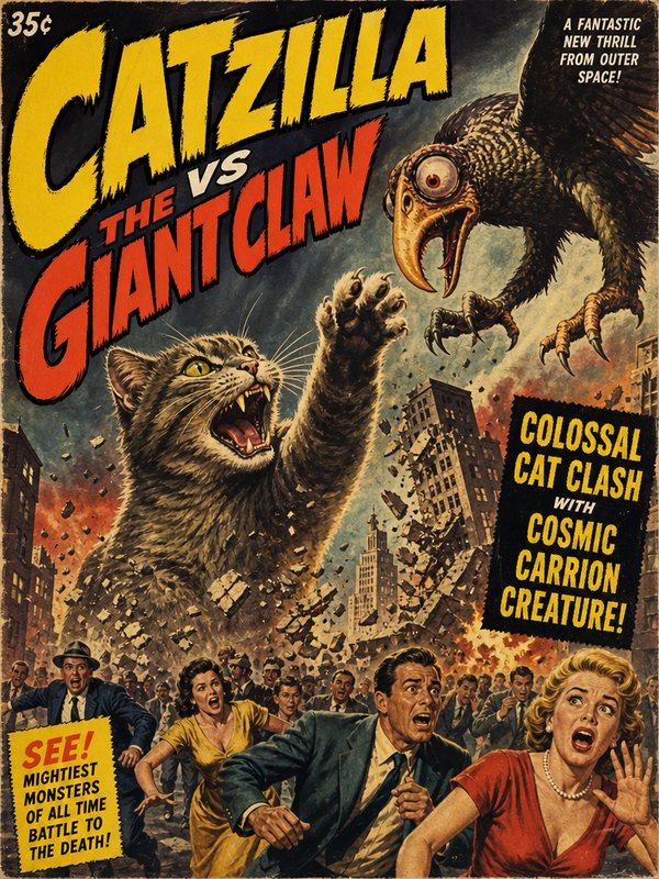 Retro 1950s pulp comic cover showing kaiju Catzilla the giant tabby cat battling a giant alien bi...