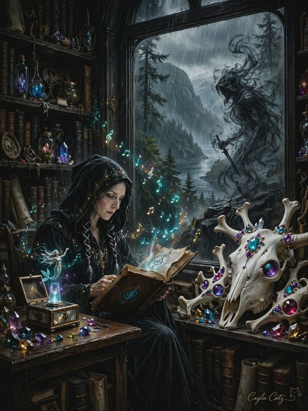 Hooded sorceress reads a glowing spellbook, swirling music magic emanates as a shadow wraith loom...