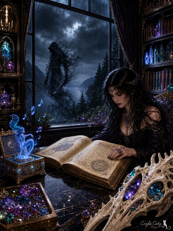 Dark fantasy sorceress studies an ancient grimoire, as a shadow wraith looms outside her rainy go...
