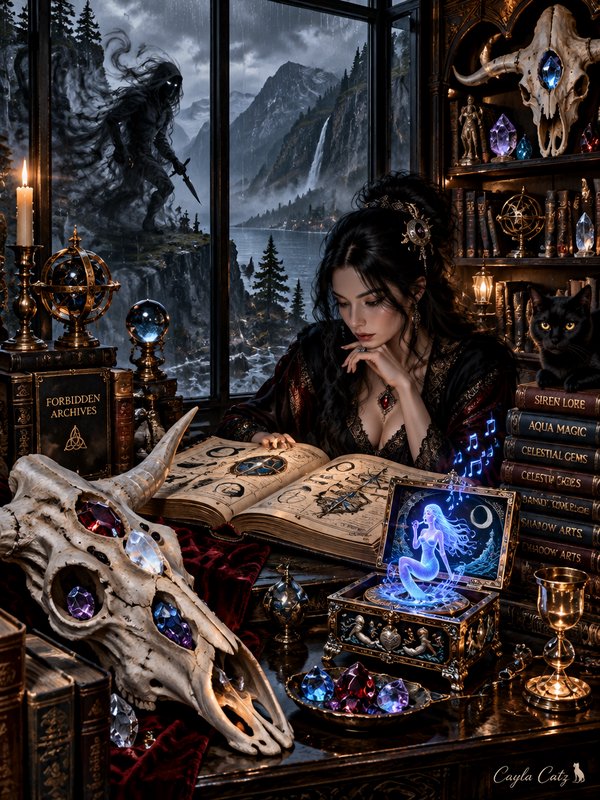 Dark fantasy sorceress studies a grimoire at a magical desk, with a shadow wraith visible outside...