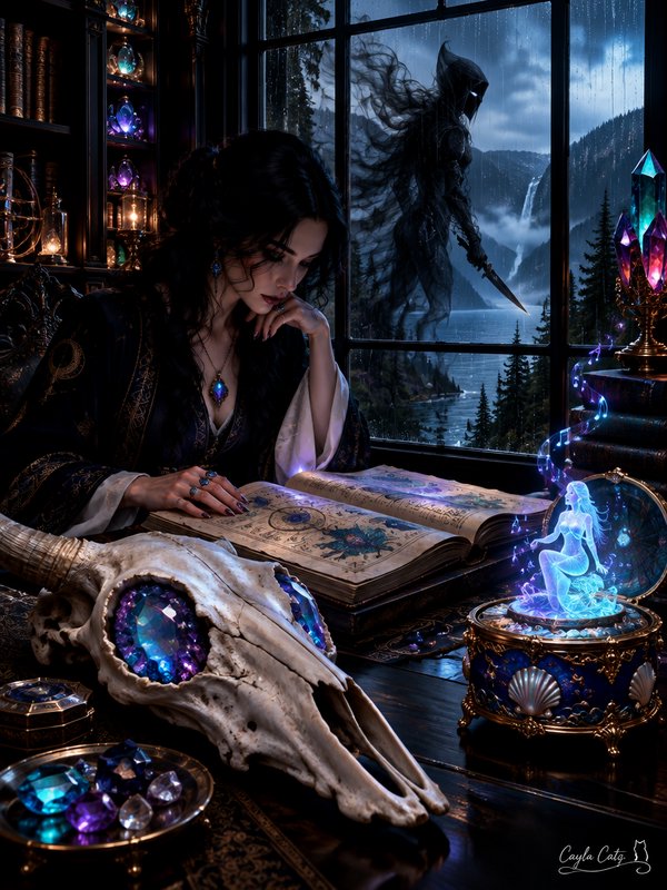 Gothic sorceress studies a grimoire as a shadow wraith looms outside her rain-soaked tower window...