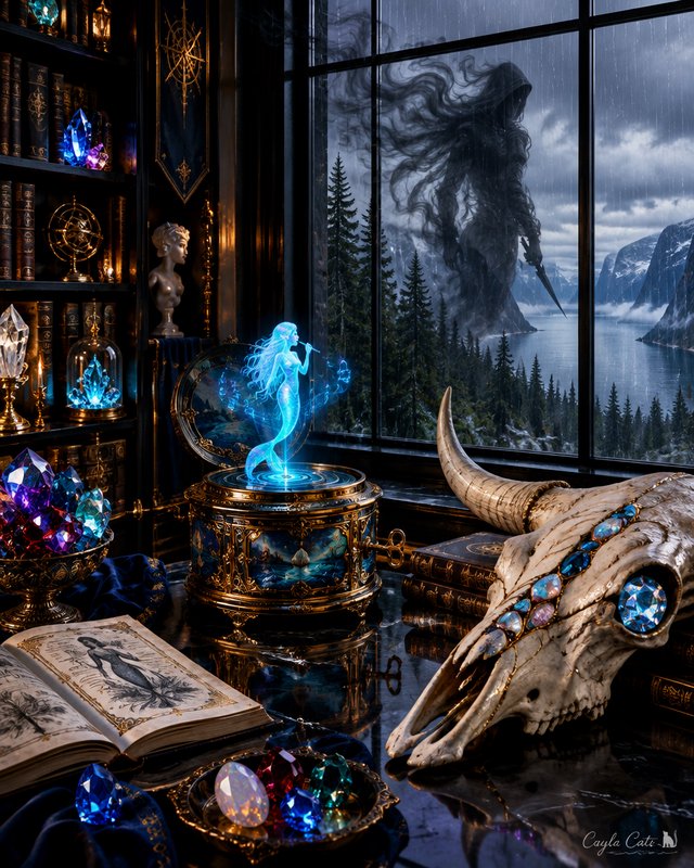 Dark fantasy wizard desk with glowing mermaid hologram, shadow wraith towering outside stormy fjo...