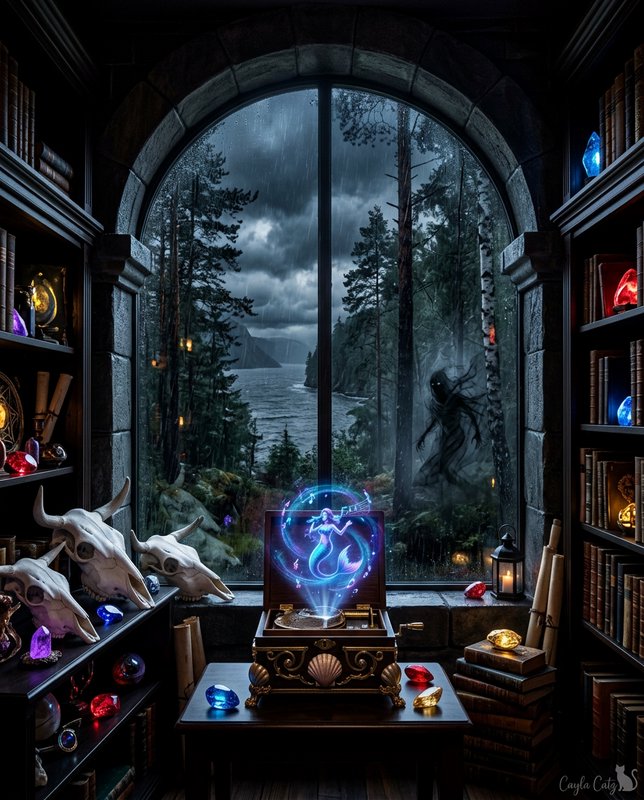Ornate magic music box projects glowing mermaid hologram in a dark wizard study, with a wraith vi...