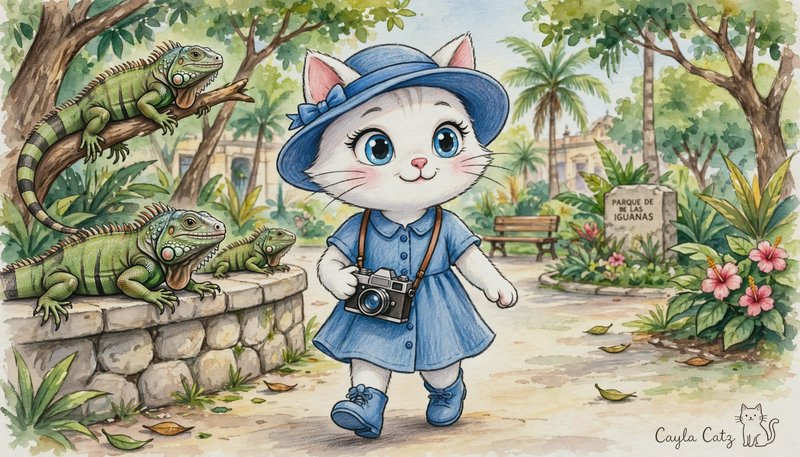 Watercolor illustration of a cute tourist cat with a camera visiting a tropical iguana park with ...