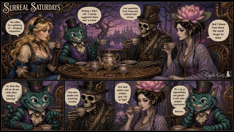 Surreal Saturdays steampunk comic panel of four fantasy characters enjoying a whimsical gothic te...