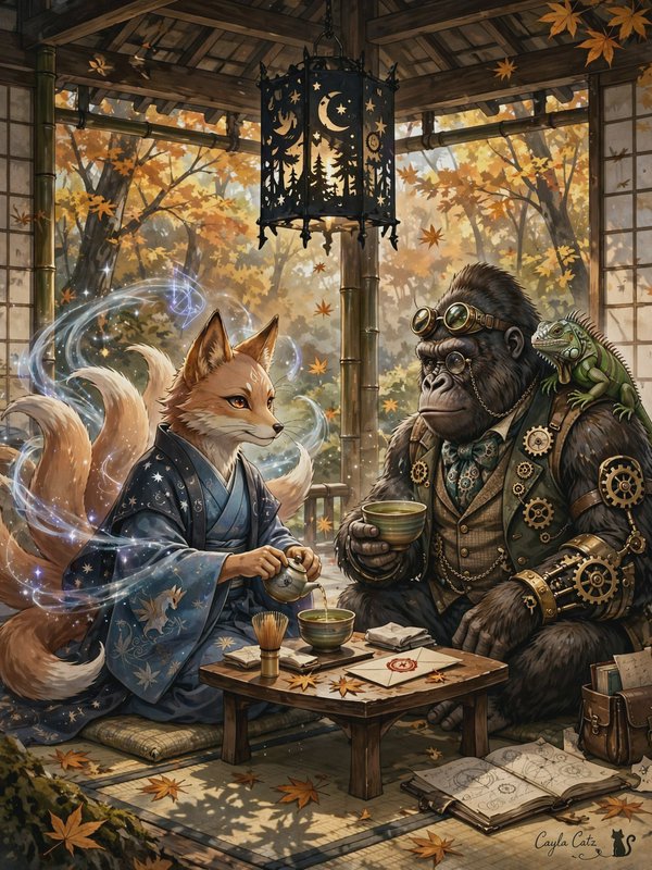 Nine-tailed kitsune pours tea for a steampunk gorilla guest in a cozy autumn Japanese open-air te...