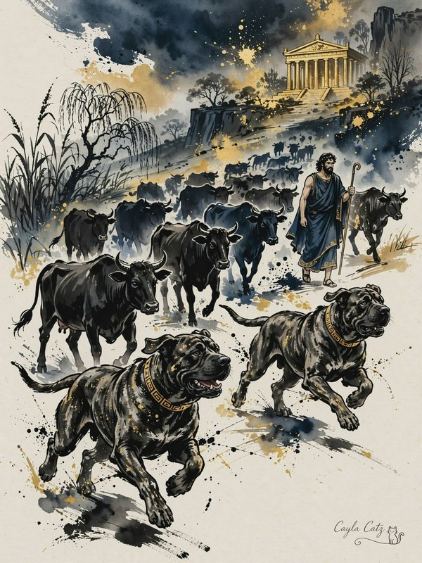 Watercolor ink illustration of ancient Greek shepherd herding cattle with guard dogs, classical t...