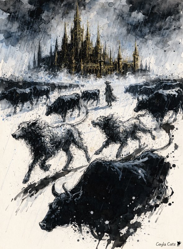 Moody ink and watercolor fantasy art of a cloaked drover herding cattle and hounds toward a gilde...