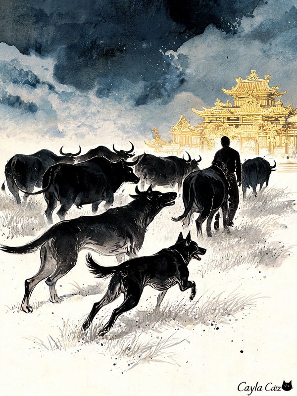 Ink wash illustration of a herder, cattle, and dogs walking toward a glowing golden East Asian te...