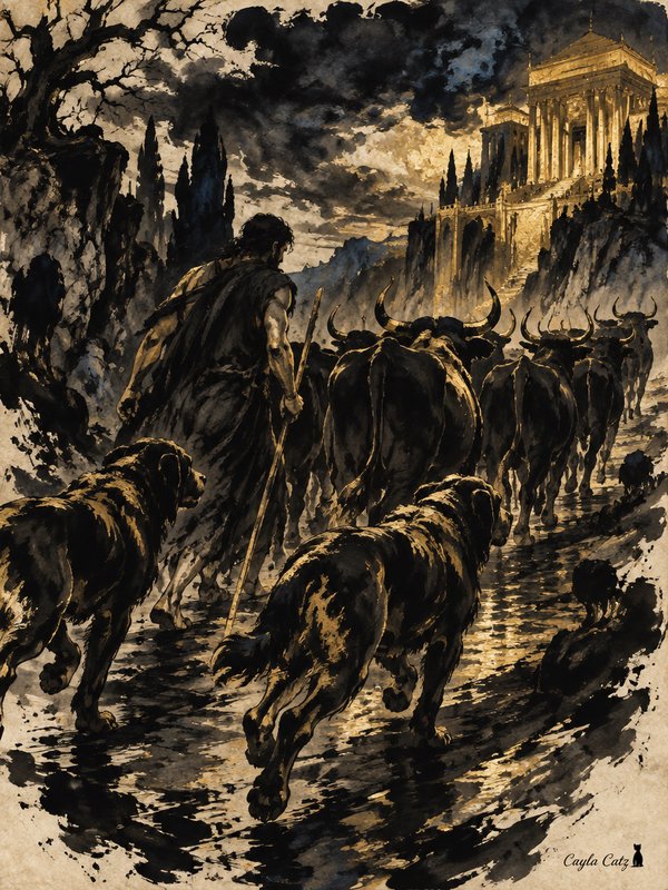 Mythic ink wash illustration of a herder with dogs leading longhorn cattle toward a cliffside cla...