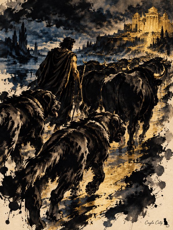 Ink wash illustration of a Greek myth hero herding bulls with large dogs toward a glowing cliffsi...