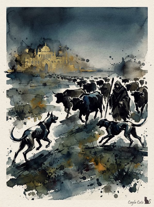 Watercolor fantasy scene of hooded herder guiding cattle with hounds, distant golden castle under...