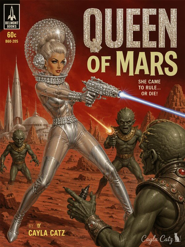 Retro pulp sci-fi book cover Queen of Mars, silver spacesuit queen firing ray gun at attacking gr...