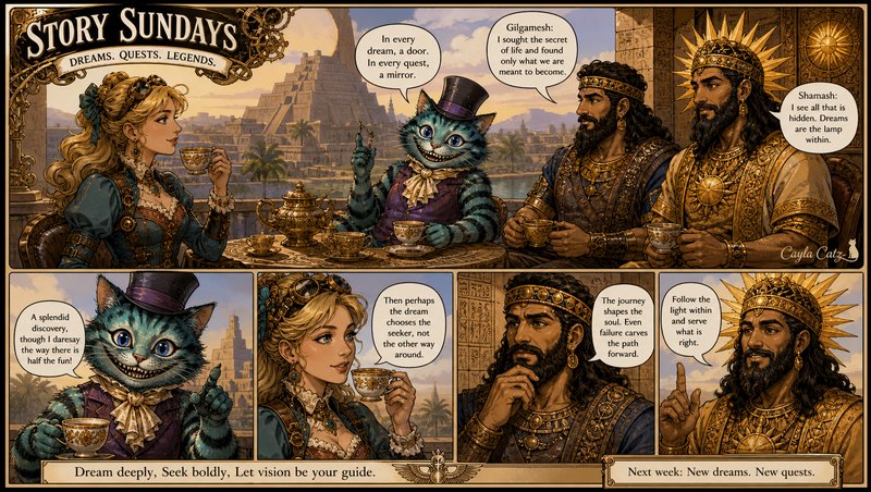 Story Sundays fantasy comic strip of a tea party with Cheshire Cat, steampunk woman, Gilgamesh, a...