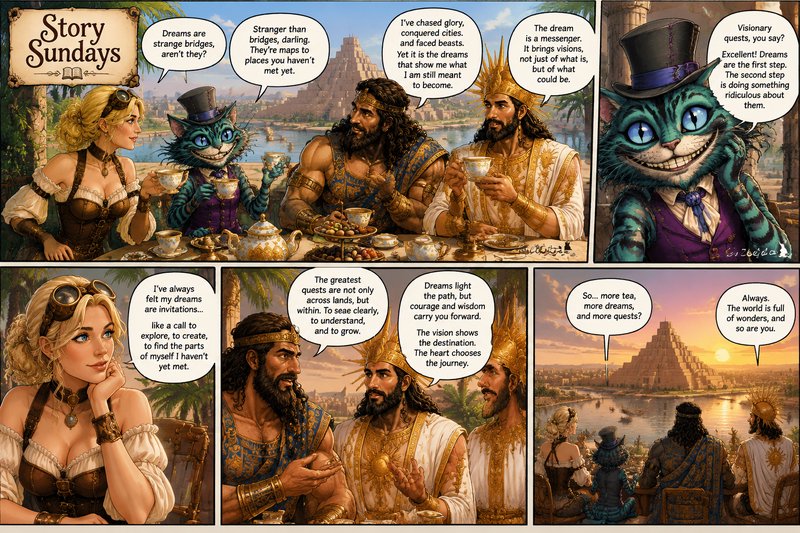 Multi-panel Story Sundays fantasy comic of a tea party with steampunk character, Cheshire Cat, an...