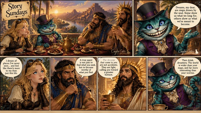 "Story Sundays fantasy comic strip with Cheshire Cat, steampunk woman, ancient kings discussing d...