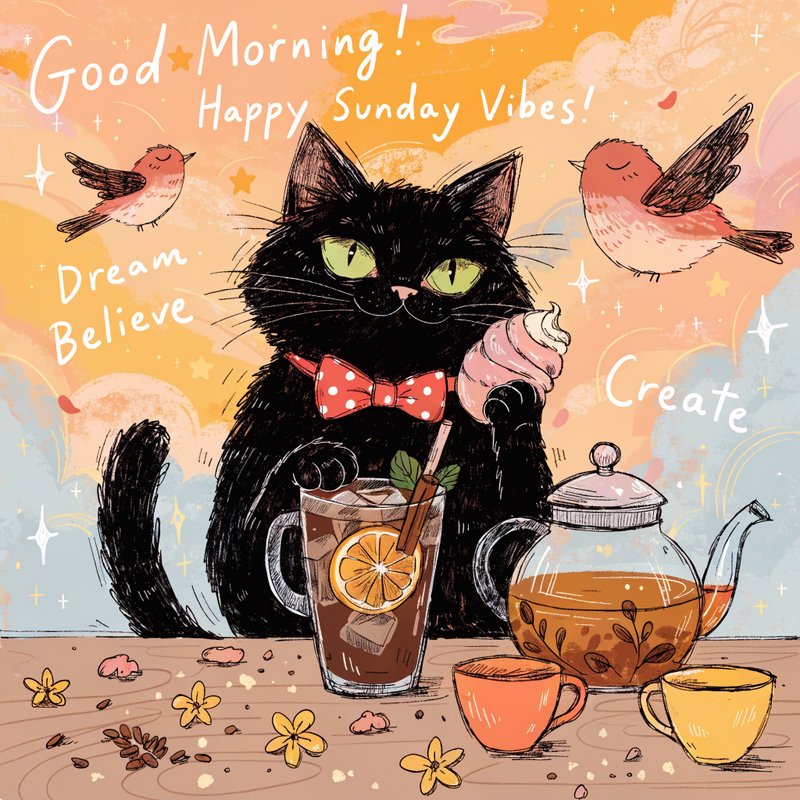 Whimsical hand drawn illustration of a fluffy black cat, tea spread, flying birds, and "Good Morn...