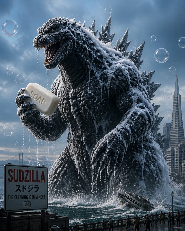Parody "Sudzilla" Godzilla kaiju covered in soap suds holds a bar of soap beside a pun sign at a ...
