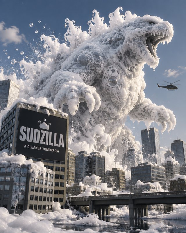 Giant soap foam kaiju Sudzilla looms over a city skyline beside a building displaying its "A Clea...