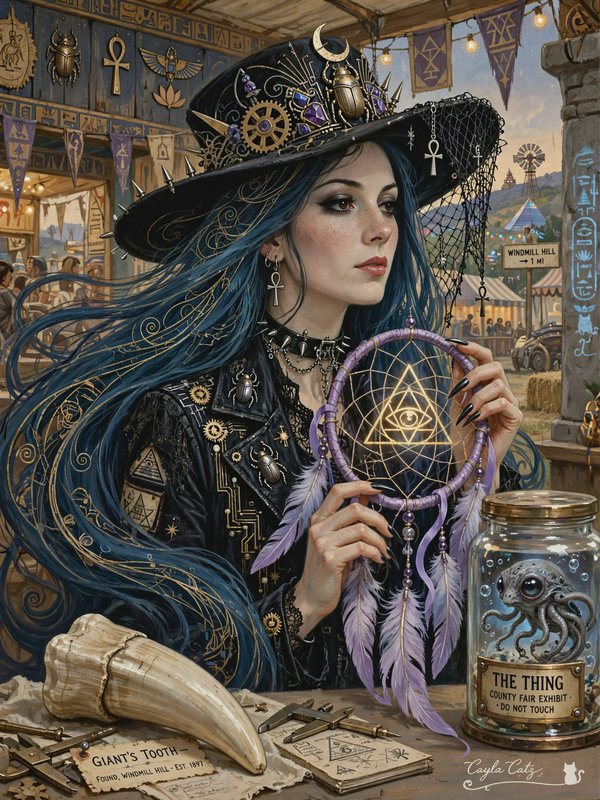 [Steampunk mystic woman with long blue hair holds an all-seeing eye dreamcatcher at a quirky oddity fair stall]