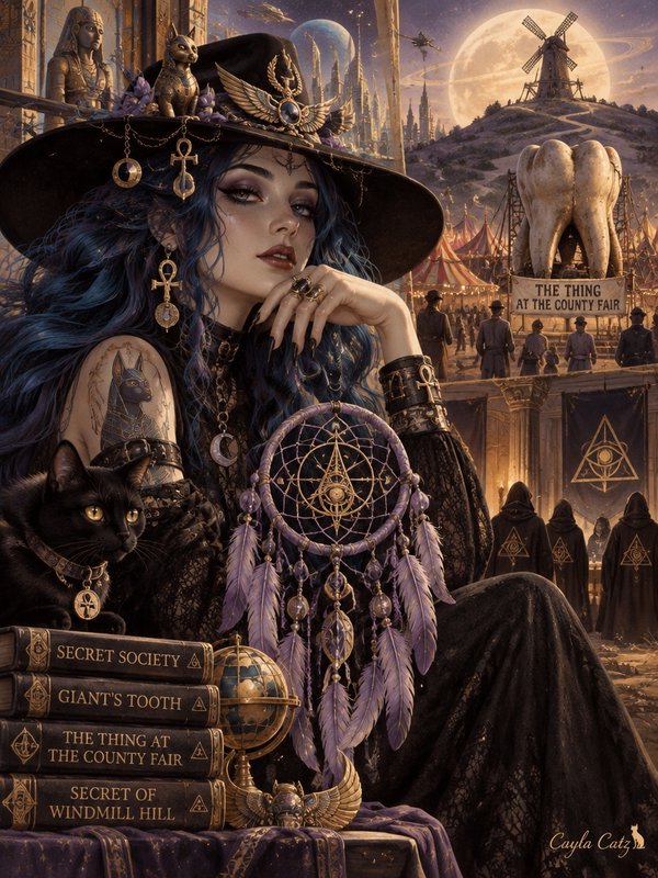 Surreal portrait of an occult witch with blue hair, ornate wide hat, black cat familiar, and drea...