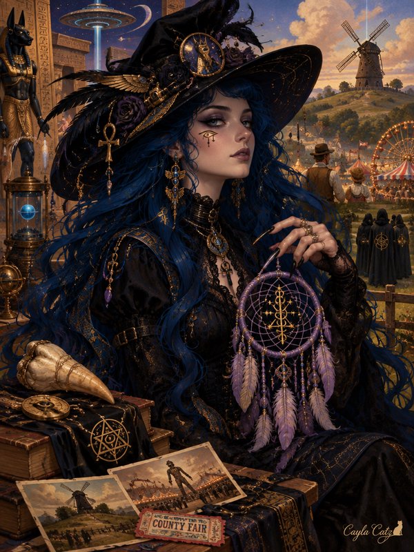 Surreal portrait of a blue-haired occult witch holding a dreamcatcher, with blended fantasy count...