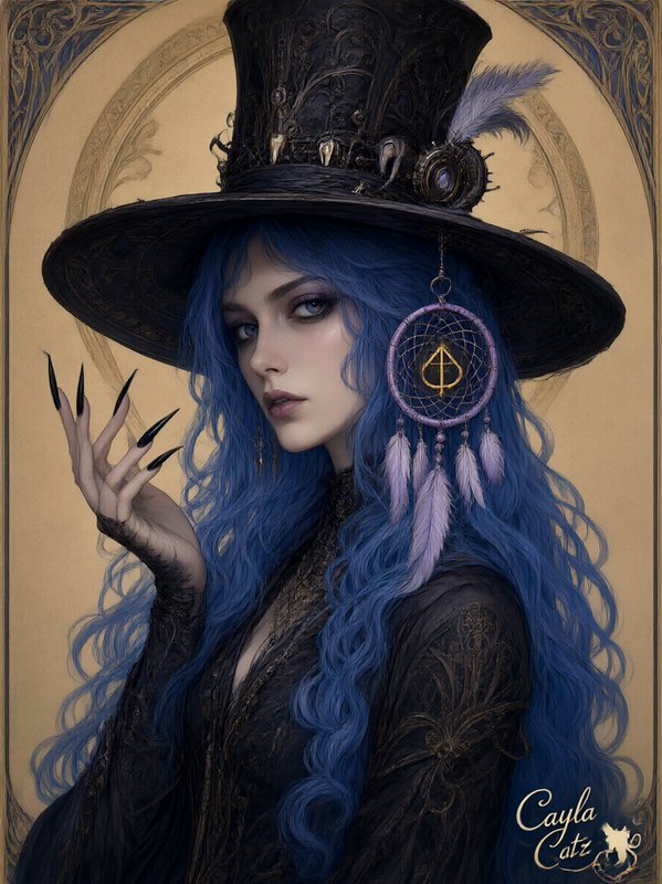 Gothic fantasy portrait of a blue-haired witch wearing an ornate top hat with a hanging dreamcatc...