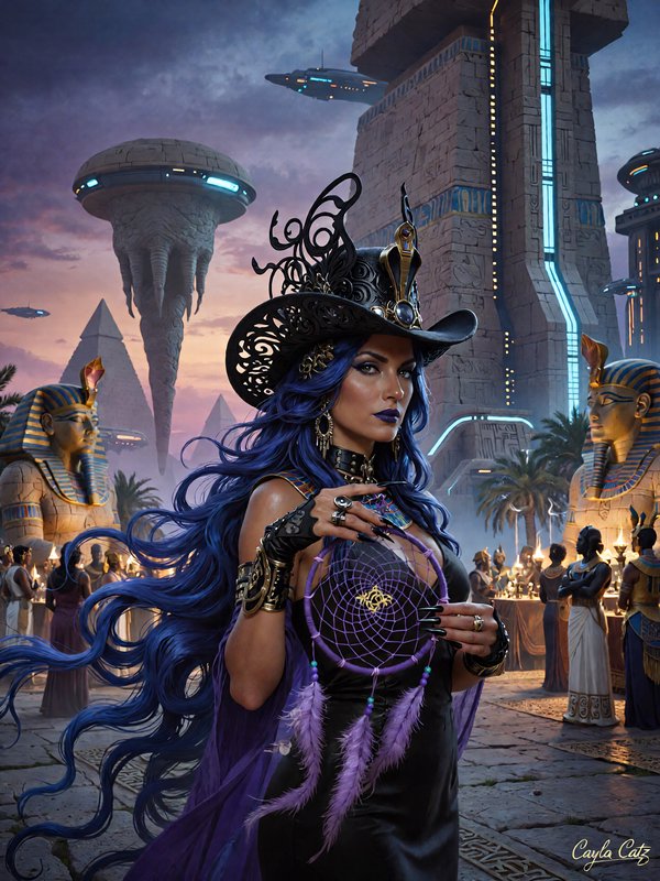 Striking fantasy woman with long blue hair holds a purple dreamcatcher in a cyberpunk ancient Egy...