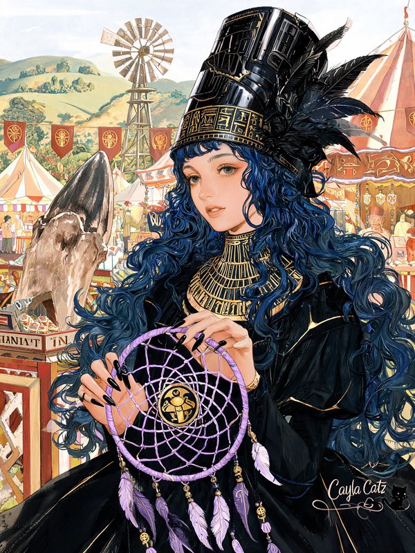 Fantasy illustration of a curly blue-haired woman holding a purple dreamcatcher at a sunlit vinta...