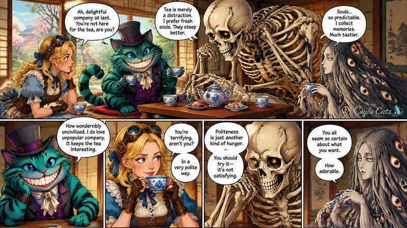 5-panel dark fantasy webcomic of a surreal tea party with steampunk Alice, Cheshire Cat, giant sk...