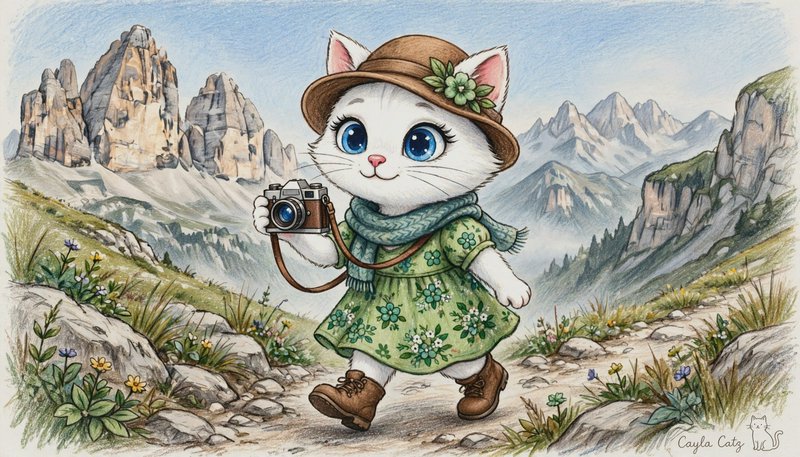 Cute illustrated anthropomorphic white cat hiker holds a vintage camera while walking a rocky alp...