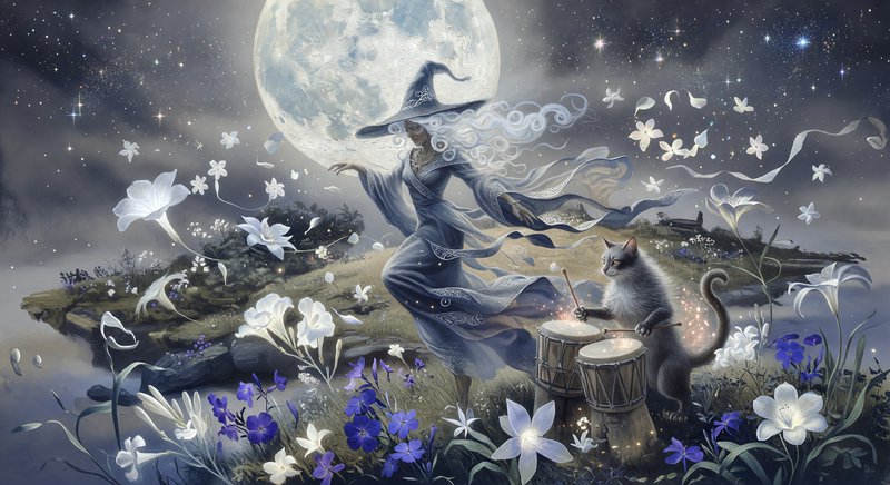Ethereal silver moon witch dances as a fluffy cat plays drums, on a flowered isle under a glowing...