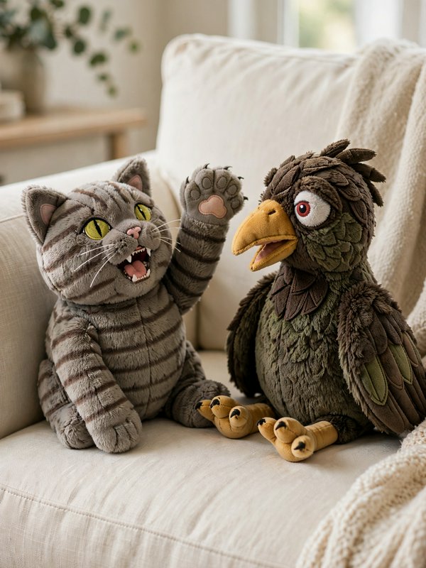 Whimsical grey tabby cat plush waving beside an expressive bird plush seated on a soft cozy sofa.